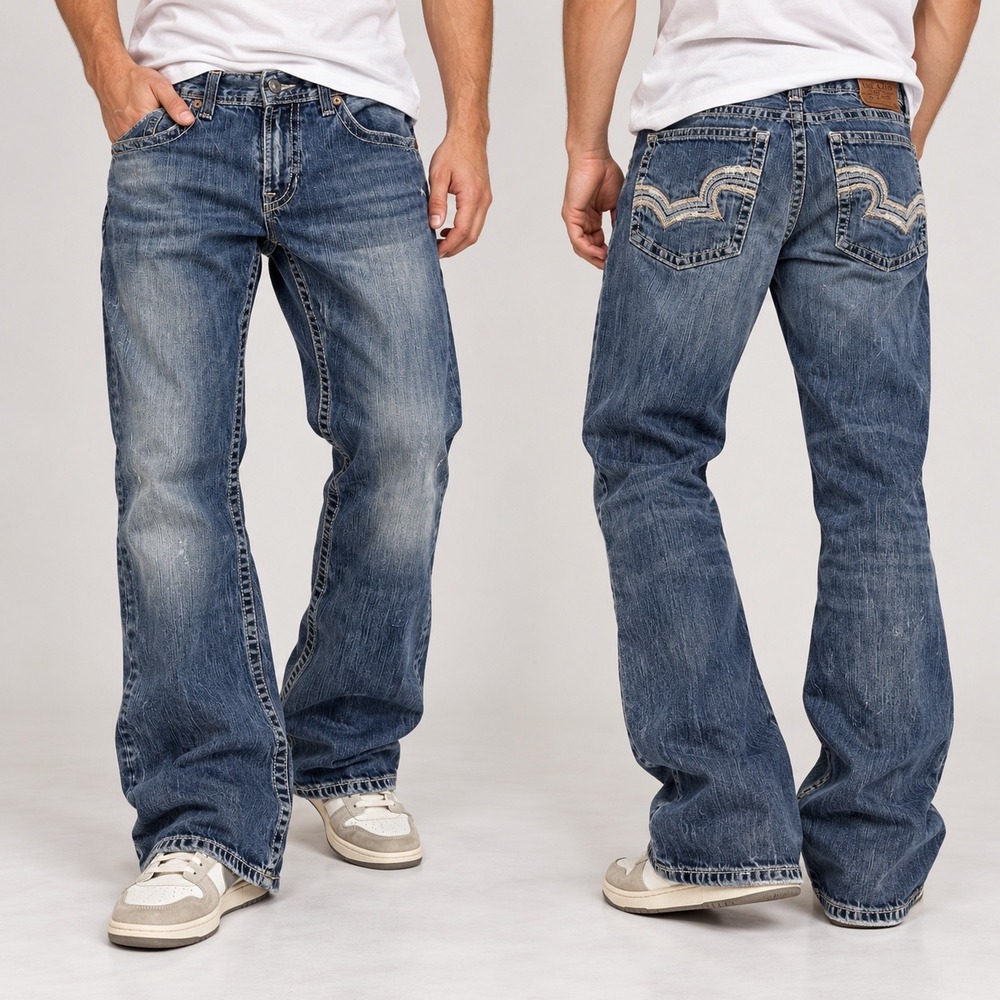 Y2K boot cut straight distressed embroidered pocket denim blue jeans by big star